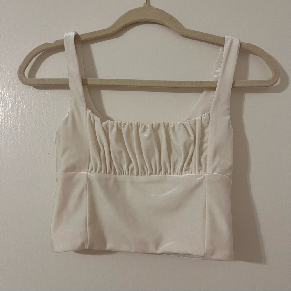 Cream Ruched Crop Tank Top with Square Neckline